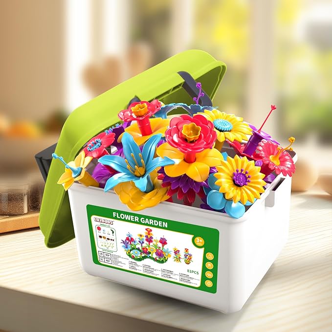 81 Pcs 3 Year Old Girl Gifts,Flower Garden Building Toy Set Toddlers Toys Gifts Best Educational Learning Fine DIY Crafts Stem Construction Stacking Kit,for 3 4 5 6 7 Year Kids Birthday