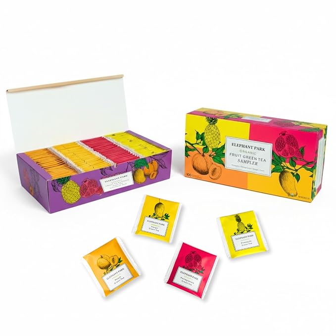 Elephant Park Premium Organic Fruit Green Tea Sampler, 100 Count Assorted Tea Bags, Caffeinated & Herbal Variety Pack Pineapple, Pomegranate, Mango, Peach Flavors