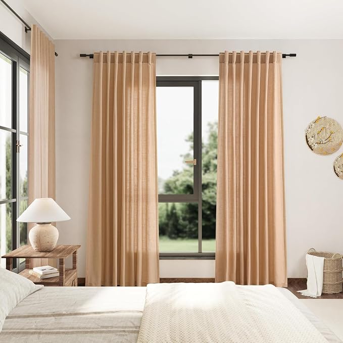 Nanspring Camel Linen Curtains for Living Room 105 Inches Long Back Tab and Rod Pocket Light Filtering Semi Sheer Vintage Rustic Curtain Luxury Boho Decor Drapes for Bedroom Office 52x105, 2 Panels