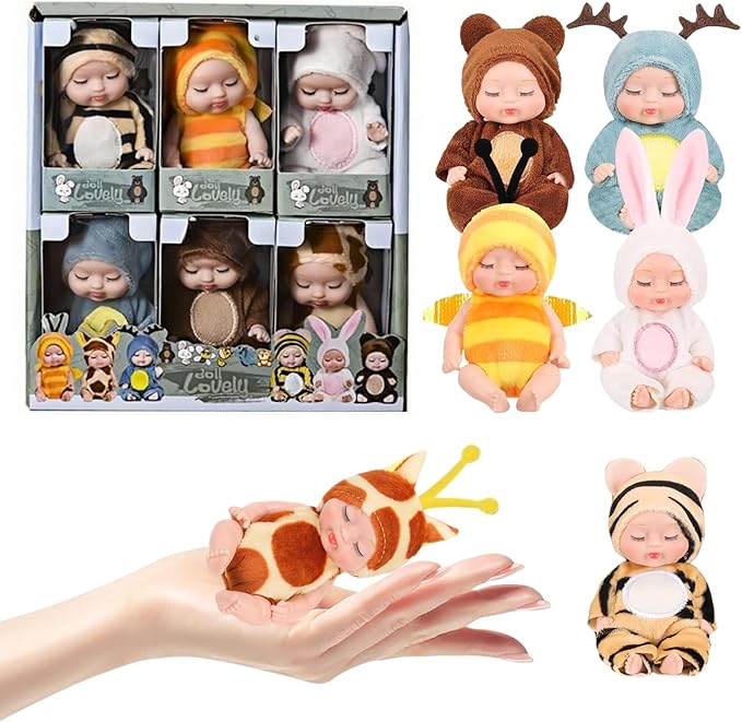 6 Pcs Mini Baby Dolls 4 Inch Gift Set, Cute Small Baby Doll Toys with Animal Clothes for Christmas Stockings, or Dollhouse Collections. (Style D)