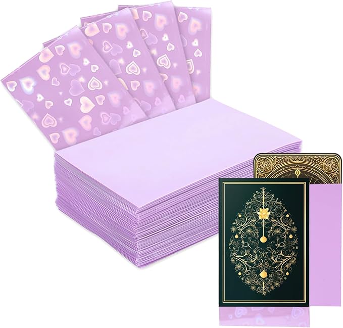 100pcs Holographic Colors Card Sleeves, 3.58x2.6in/91x66mm Colored Heart-Shaped Flashing Card Sleeves for Mini Polaroid Photocard Collectible Protection(Purple)