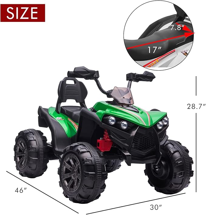 OTTARO 12V Ride on ATV 2 Seater, 4 Wheeler Electric Quad for Kids 3-8 w/ 17" Length Seat, LED Lights, 2 Speeds, Soft Braking, Rear Pedal & Backrest