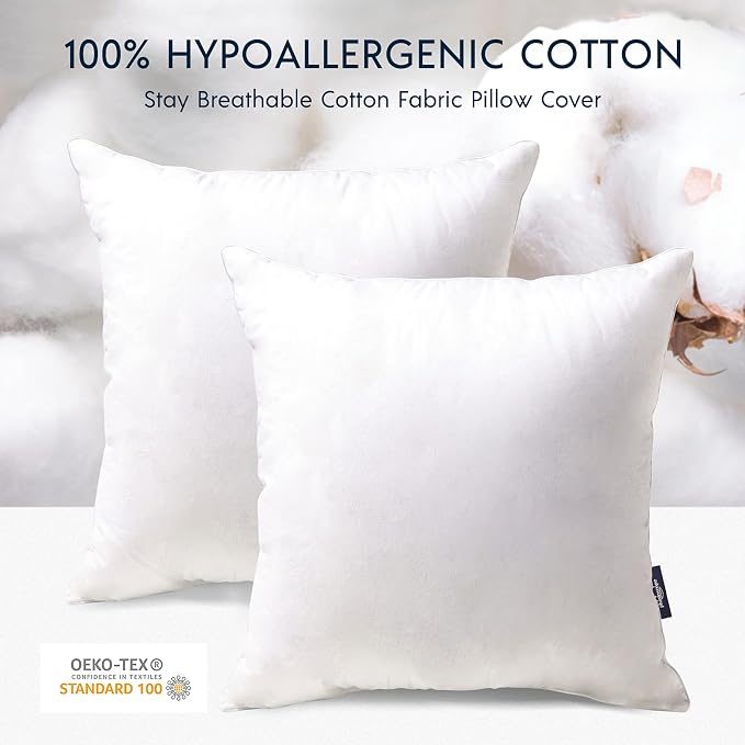 Phantoscope Throw Pillow Insert with 100% Cotton Cover, 20x20 Inch, 2 Pack | Soft Supportive Throw Pillows for Couch Bed, Hypoallergenic Breathable Pillows Inerts, Square Decorative Cushion Sham Stuffer
