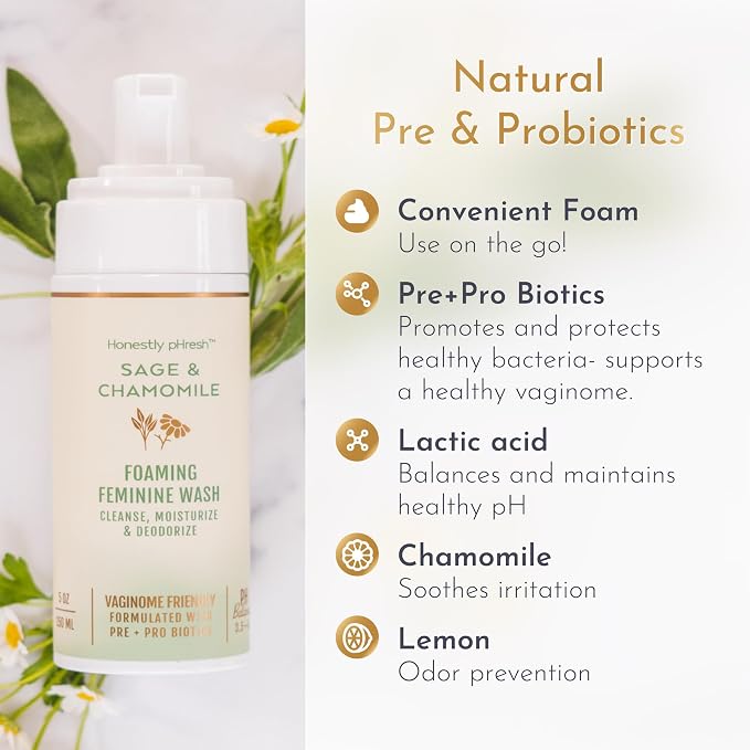 Honestly pHresh Foaming Feminine Wash for Women – pH Balanced Natural Intimate Cleanser with Prebiotics & Probiotics. Vegan, Sensitive Skin Safe. Made In USA - Unscented, 5 oz