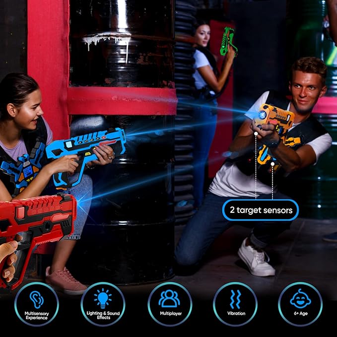 Rechargeable Laser Tag Guns Set of 4 with Gun & Vest Sensors + LCDs - Cool Toys for Kids Teens Adults - Outdoor Shooting Games Family Group Activity - Fun Gift Ideas for Boys & Girls Aged 6+