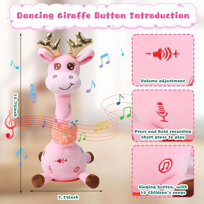 MIAODAM Dancing Talking Giraffe Stuffed Animal, Singing 10 Children's Song, Baby Toy Repeats What You Say, Christmas Colorful Glowing Giraffe Plush Interactive Toys for Toddlers 1-3 Year(Pink)