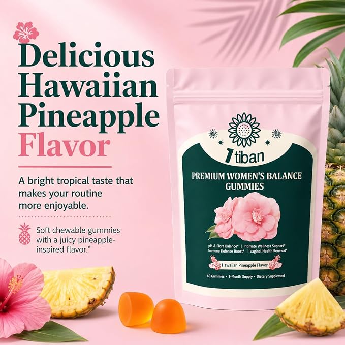 Pineapple Gummies for Women pH Balance, Feminine Probiotics for Vaginigal Health, Nutrition Feminine Gummies, Immune Support, Vegan, Gluten-Free, Hawaiian Pineapple 60 Gummies 30 Servings
