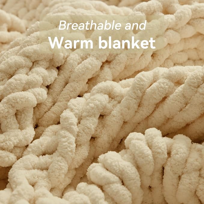Negwoo Chunky Knit Throw Blanket, Knitted Throw Chenille Yarn, 50"*60" | Soft Thick Cable Knitted Blankets, Handmade Big Thick Blanket, Machine Washable Cute Comfy Blanket for Home Decor, Oatmeal
