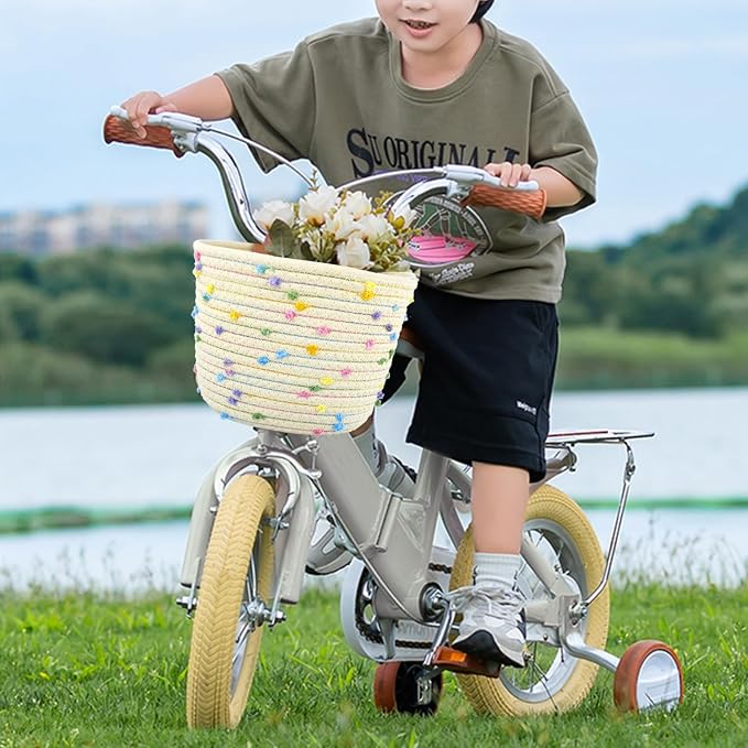 Kids Bike Basket for Boys and Girls, Children's Bicycle Basket Woven With Sisal Rope, Cute Decorative Accessories for Balance Bikes and Scooters