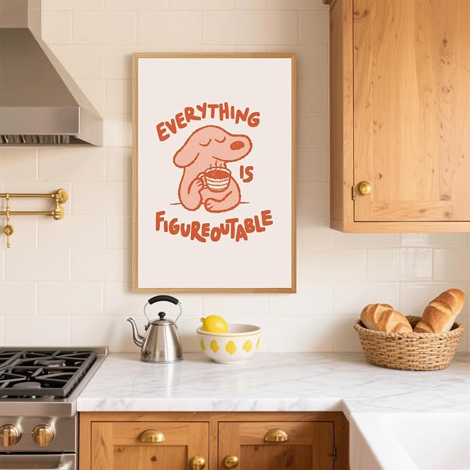 Everything Is Figureoutable Motivational Poster Cute Dog Positive Quote Inspirational Wall Art Funny Cartoon Mental Health Coffee Canvas Print for Kids Room Home Decor 16x24inch Wooden Framed