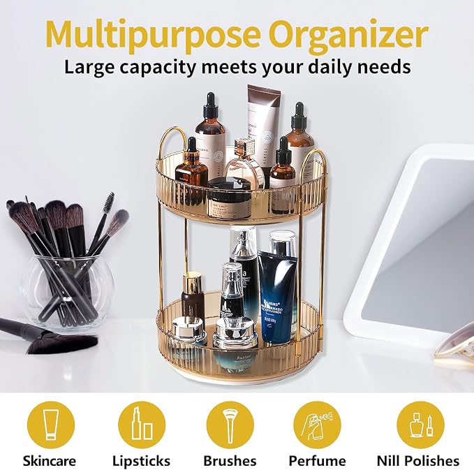 Asayuee 360 Rotating Gold Makeup Organizer,2 Tier Large Capacity Rotating Makeup Organizer,SkincarePerfume Organizer,Bathroom Cosmetics Storage Organizer Countertop (Gold-2 Tier)