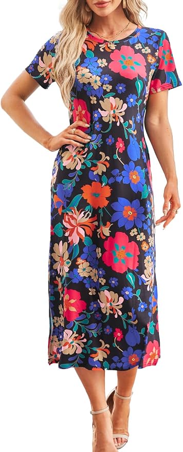 Naggoo Women's Casual T Shirt Midi Dress with Side Slit and Pockets