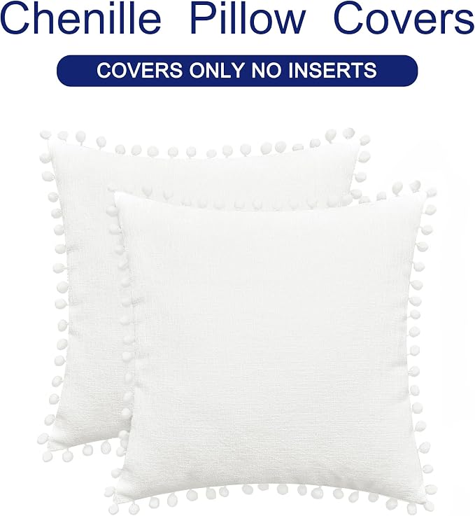 CaliTime Decorative Couch Throw Pillow Covers 20 X 20 Inches True White | Pack of 2, Cozy Chenille Cushion Cases, with Pom Poms for Sofa Bed Living Room Farmhouse Home