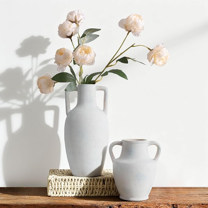 Ceramic Flower Vase with Handles, 12.8 inch Tall Ceramic Vase Farmhouse Rustic Vases Decorative Pottery Vases Large Floor Vase for Home Decor Living Room Table Bookshelf Centerpiece Fireplace, White