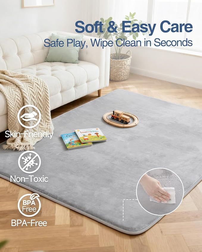 Thick Baby Play Mat for Floor,Padded Foam 59x39 Tummy Time Mat,Ultra Soft Support&Plush Feel Bedside Rugs,Non Slip for Toddler,Infants,Kids Play,Yoga,Baby Crawling (Light Grey)