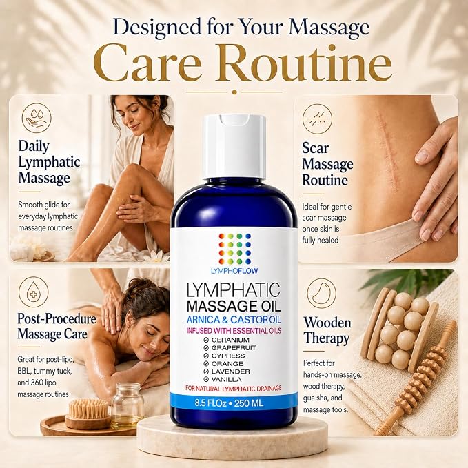 Bruizex Lymphatic Drainage Massage Oil with Arnica & Cold Pressed Castor Oil- Lightweight Non-Greasy Body Massage Oil for Daily Lymphatic Massage, Aftercare Routine, Post Surgery, BBL, Lipo - 8.5 Oz