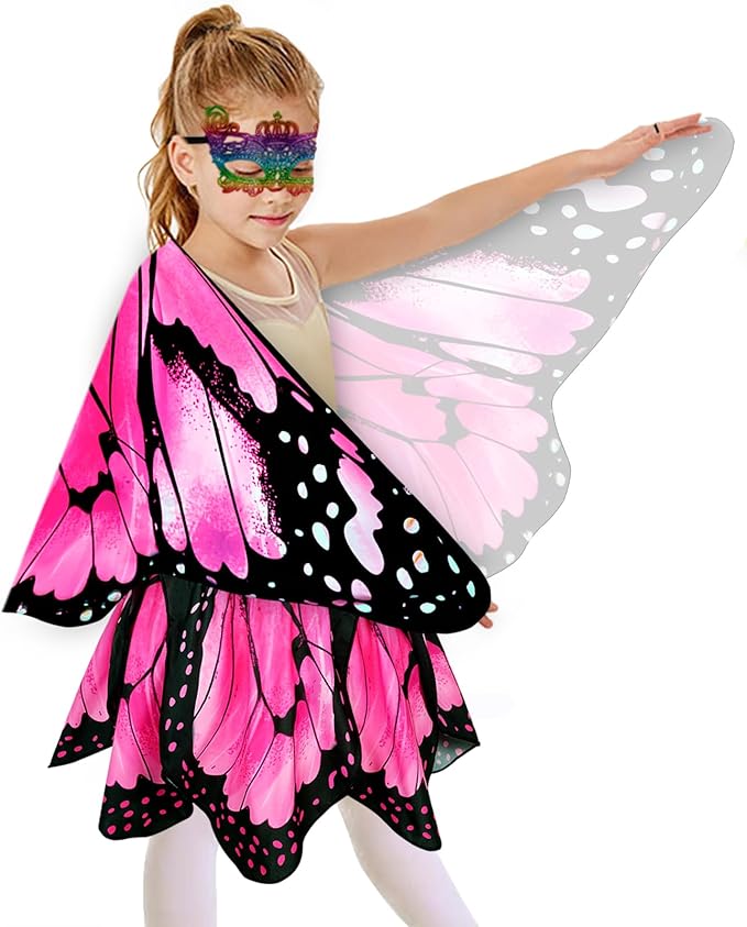 Kids Butterfly Wings Costume for Girls Fairy-Wings Mask Party Favors Gifts (Pink+skirt sets)