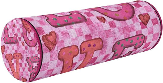 Pink Checkered Valentine Love Hearts Neck Roll Pillow Bolster Round Health Memory Foam Long Cervical Cylinder Pillows with Removable Washable Cover for Body Bed Legs Back Yoga