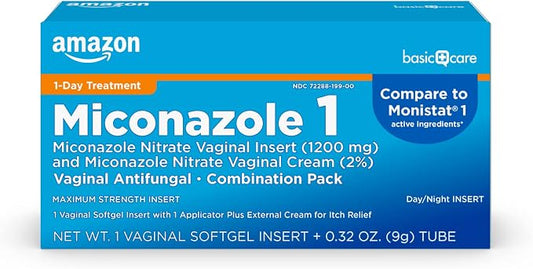 Amazon Basic Care Miconazole Nitrate Vaginal Insert 1200 mg and Miconazole Nitrate Cream 2%, 1-Day Treatment, Relieves Itching, Vaginal Yeast Infection, 0.32 Ounce, 1 Count