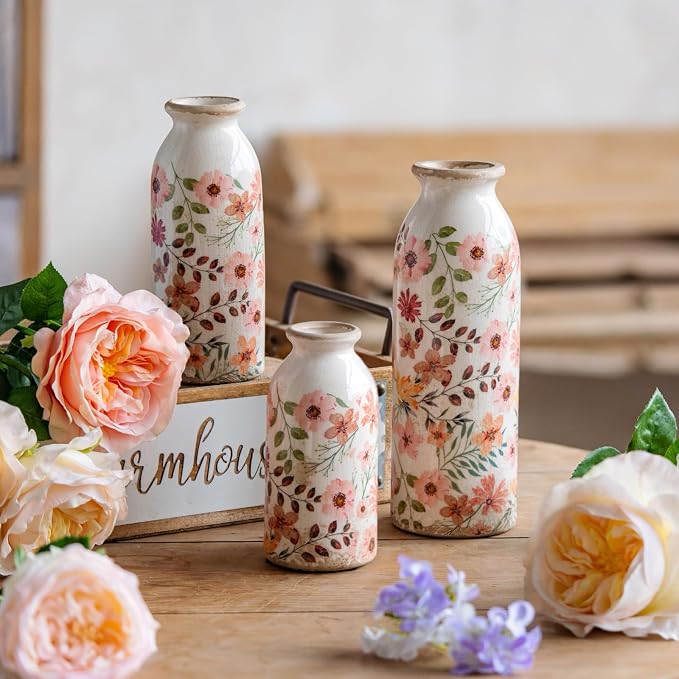 Vintage Vase Set of 3, Ceramic Vintage Flower Vases, Chinoiserie Decorative Home Decor Retro Floral Vase Rustic Farmhouse Decor for Table Bookshelf Mantel Kitchen Living Room Office - Colorful Daisy