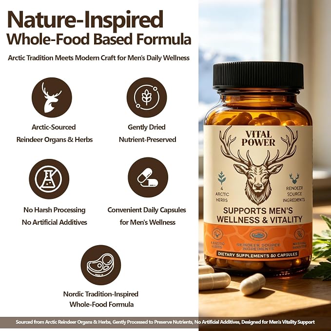Men’s Vitality Supplement – Arctic Herbal & Reindeer Nutrient Blend – Energy Support – 60 Capsules