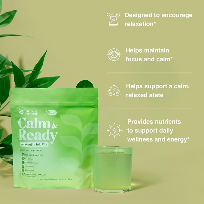 Calm and Ready Powder Mix, Cortisol Reducer*, Sleep & Relaxation Aid, Magnesium Glycinate, Ashwagandha KSM-66, L-Theanine, Tart Cherry, Sugar Free, 20 Packets, Apple Melon