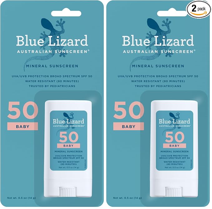 Blue Lizard BABY Mineral Sunscreen Stick with Zinc Oxide,SPF 50+,Water Resistant,UVA/UVB Protection - Easy to apply,Fragrance Free,.5 oz,(Pack of 2)