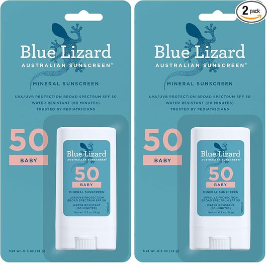 Blue Lizard BABY Mineral Sunscreen Stick with Zinc Oxide,SPF 50+,Water Resistant,UVA/UVB Protection - Easy to apply,Fragrance Free,.5 oz,(Pack of 2)