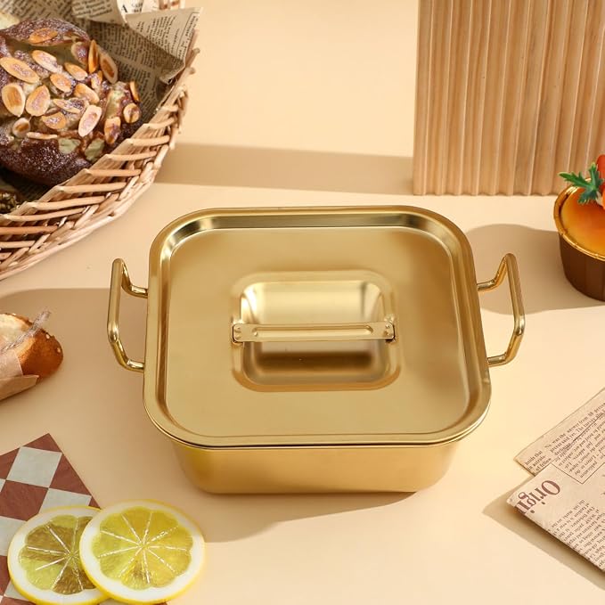 NUOBESTY Gold Korean Ramen Pot with Lid & Handles, 40 oz Stainless Steel Square Noodle Bowl Versatile Individual Serving Tray for French Fries, Fried Chicken, Tiramisu & Party Buffet, 6.3 Inch