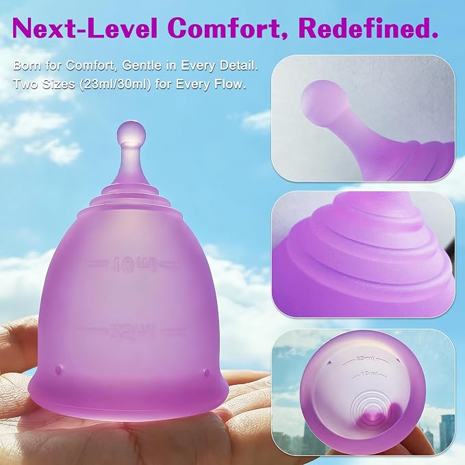 Menstrual Cup Set, 2 Pack (S & L), for Different Flow Levels, Menstruation Cup Large 30ml & Small 23ml, Purple