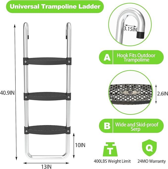 Trampoline Ladder and Slide Kit - Universal 3 Steps Stair Slide with Buffer, Easy to Climb Trampoline Accessories for Kids, Replacement Parts & Attachmentfor 10 12 14 15ft Trampolines (Silver)