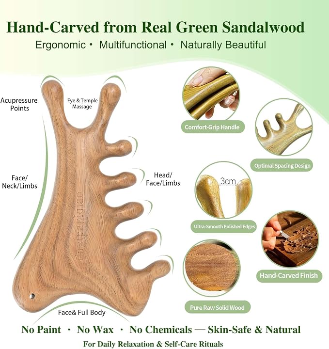 4-in-1 100% Green Sandalwood Massage Comb & Gua Sha Tool | 100% green sandalwood; 4-in-1 wooden scalp massager with smooth rounded edges; gift box, storage pouch and cord included