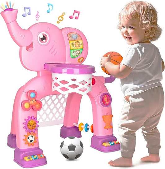 Toddler Basketball Hoop & Soccer Goal, Toys for 1 2 3 Year Old Boys Girls, Kids Sports Toy with Light Sound Music, Montessori Toys for Baby 12-18 Months, Christmas Birthday Gifts for Ages 1-3(Pink