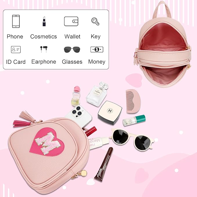 Valentines Day Gifts for Kids Gifts for Girls Little Girl Initial Mini Heart Backpack Purse Crossbody Bag with Tassel，Pink-M
