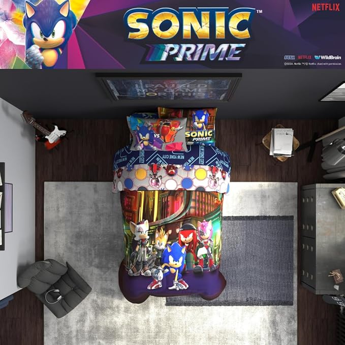 Sonic The Hedgehog Prime Anime Kids Bedding Super Soft Comforter and Sheet Set, 4 Piece Twin Size, (Officially Licensed Product) by Franco