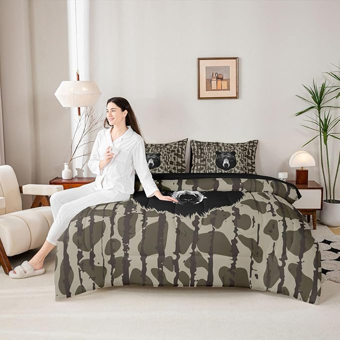 Feelyou Camouflage Camo Bear Comforter Set with Sheets 7 Piece King Size Hunting Wild Animal Deer Bed in a Bag Kids Boys Girls Rustic Farmhouse Bedding Set Bedroom Decor Soft Lightweight Microfiber