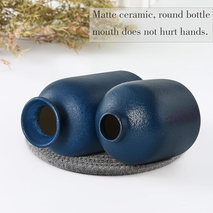 CEMABT Ceramic Blue Vases Set of 3 Small Flower Vases for Decor, Modern Rustic Farmhouse Home Decor, Decorative Vases for Pampas Grass,Idea Shelf,Table,Bookshelf,Entryway- Distressed Decor