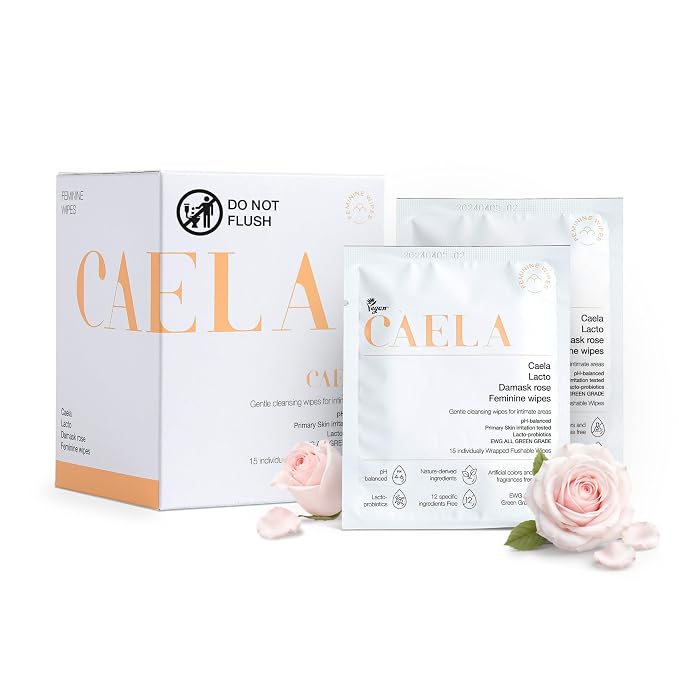 CAELA Feminine Wipes, pH-Balanced Intimate Wipes for Women, Individually Wrapped for Daily Freshness, Paraben-Free, With Lactobacillus Ferment Filtrate & Damask Rose Water, 15 Count