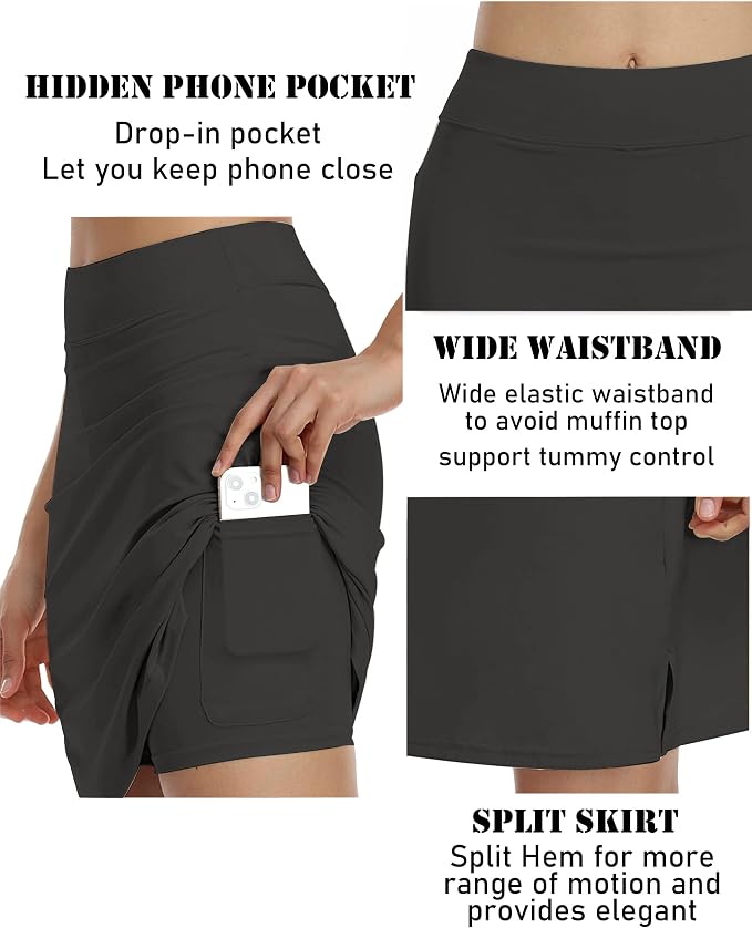 COOrun Women's 20" Knee Length Skirts High Waisted Golf Skorts with Pockets | Soft, Quick Dry, Split Hem, Built-in Shorts, A-line, Modest Skirts, for Golf Athletic Tennis Work Casual