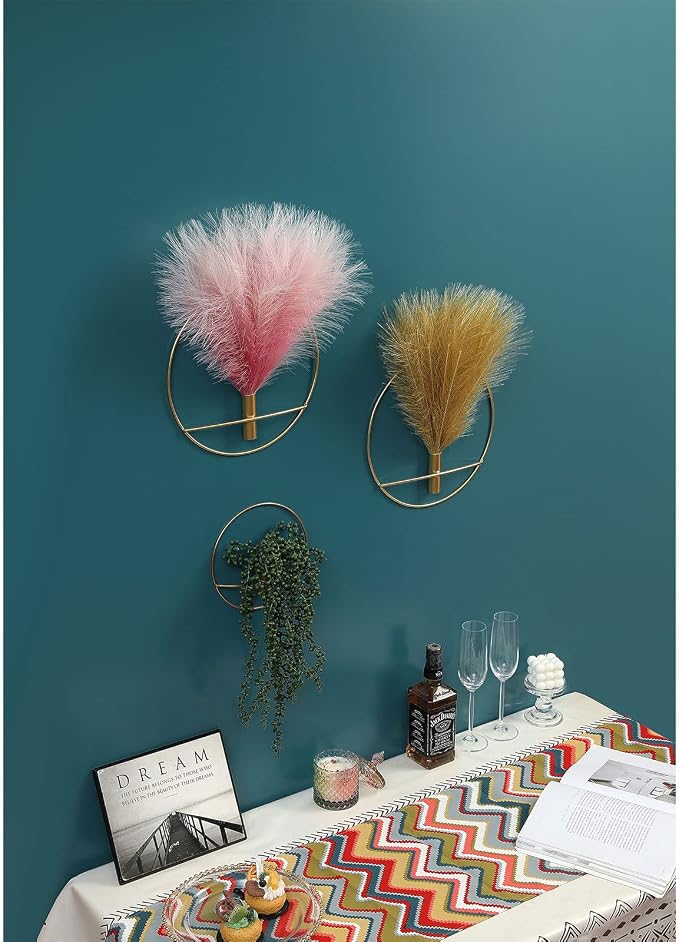 Pretty Jolly Boho Pampas Wall Decor Gold Metal Wall-Mounted Art | Morden Artificial Greenery Display，2 Pack Pink Hanging Planter For Living Room, Bedroom, Bathroom, Dining room