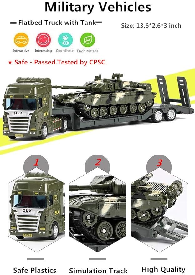 ZUKULIFE Military Vehicles and Army Battle Site Toys Flatbed Truck with Tank, Gift for 3 4 5 6 Year Olds Boys Kid Toddler Child