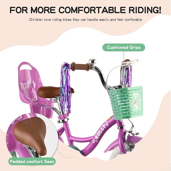 RULLY 12-16 Inch Girls Bike with Doll Seat Basket and Training Wheels for 2-6 Years Children