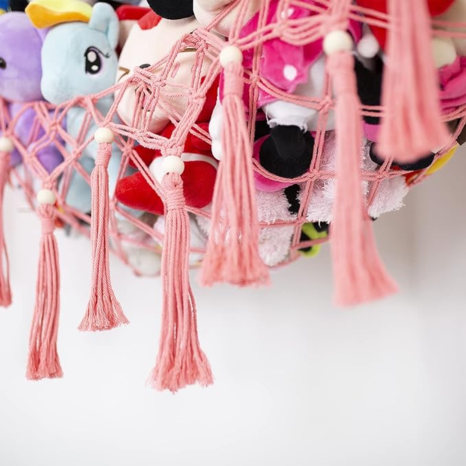 Stuffed Animal Net or Hammock for Corner Macrame Toy Display Plush Toy Storage Net Corner Hanging Mesh-Pink