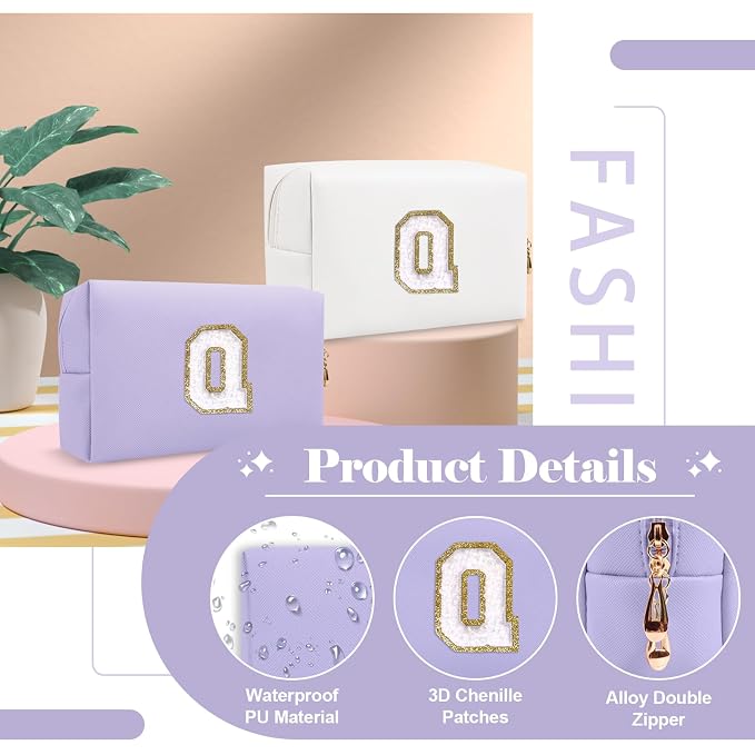 Personalized Makeup Bag Initial A-Z Preppy Patch Bag,Small PU Leather Travel Cosmetic Bag Pouch with Zipper,Purple Cute Toiletry Bag,Gift Ideal for Teen Girls Women Birthday Friend Mom,Latter Q