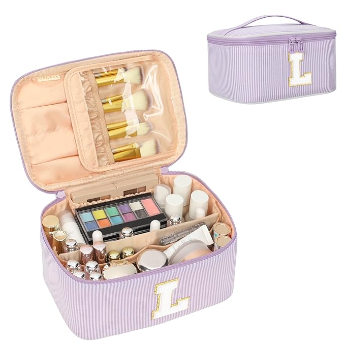 OCHEAL Makeup Bag Valentines Day Gifts for Women, Monogram Cosmetic Bag Purple Travel Makeup Case Beauty Toiletry Bag Organizer Personalized Gifts for Girls Bridesmaid, Sister, Wife, Friends Initial L