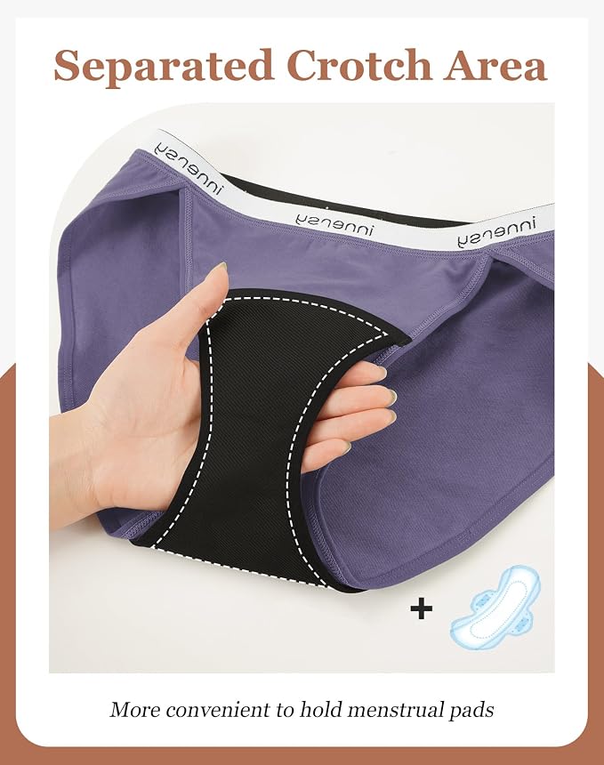 INNERSY Period Underwear Bikini Cotton Leak-Proof Moderate Flow 3-Pack | High-Cut Panties, 20ml Absorbency for Menstrual and Postpartum Protection