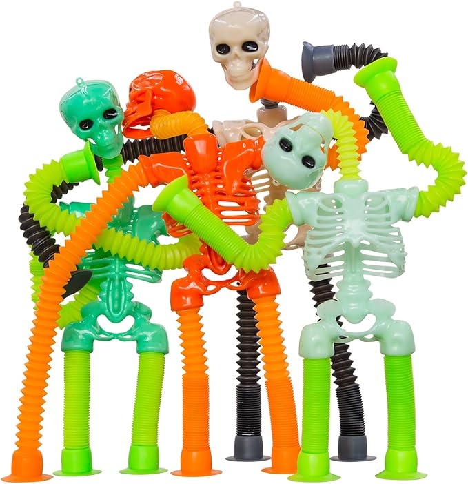 Pop Tubes Skeleton Fidget Toys for Kids, 4Pack Fidget Pop Toys Telescopic Suction Cup Toy for Stress and Anxiety Relief, Halloween Goody Bag Fillers for Kids and Toddlers (4Pack Skull)