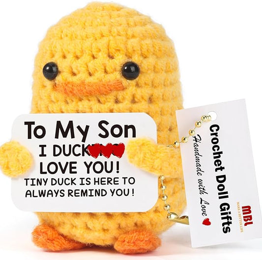 MBL Birthday Gifts for Son from Mom - I Duck Love You, Funny Cute Handmade Crochet Knitted Duck to My Son Birthday Graduation Christmas Stocking Stuffers Xmas from Mother Dad