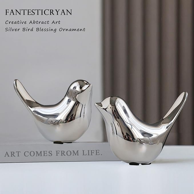 FANTESTICRYAN Small Birds Statues Home Decor, Modern Style, Silver, M&L | Ceramic Animal Figurines, Set of 2 Decorative Ornaments, For Living Room, Bedroom, Office Desktop, Cabinets, Coffee Bar
