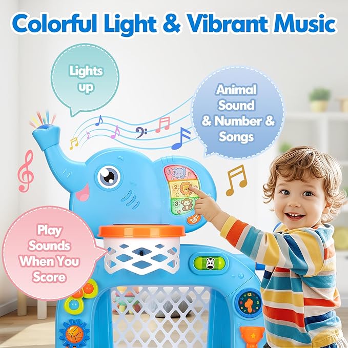 Toddler Basketball Hoop & Soccer Goal, Toys for 1 2 3 Year Old Boys Girls, Kids Sports Toy with Light Sound Music, Montessori Toys for Baby 12-18 Months, Christmas Birthday Gifts for Ages 1-3(Blue）